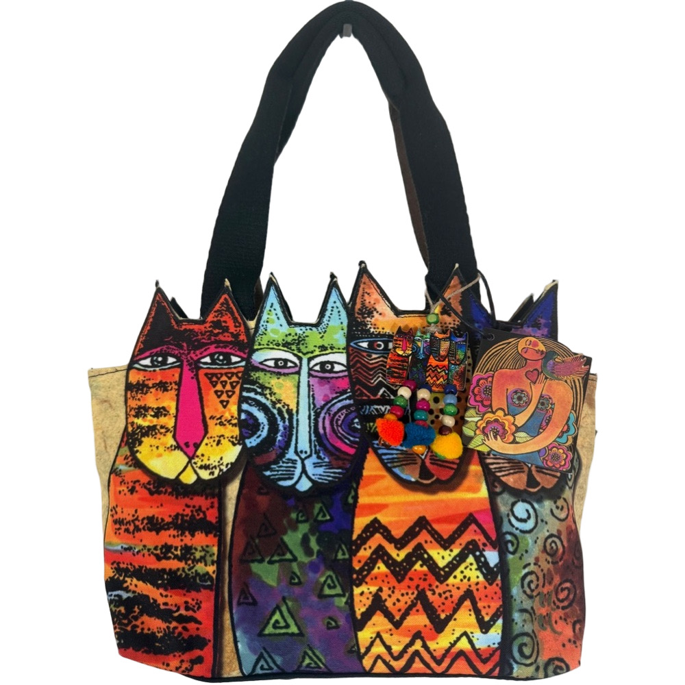 Laurel Burch Cut Out Cat Tote Bag Colorful Boho Shoulder Handbag SKU0863